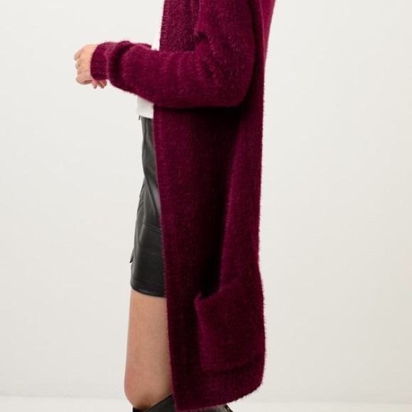 Burg Wine Soft & Fuzzy Long Cardigan w/ Pockets - Picture 4 of 5